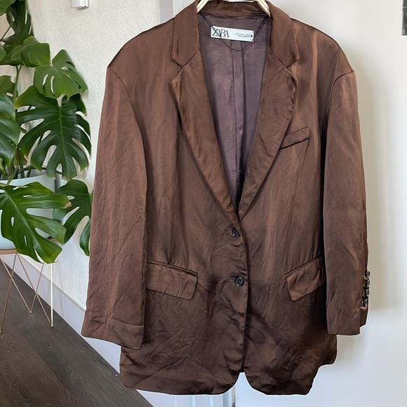 🤎Zara brown satin effect blazer linen viscose mix size small - Picture 7 of 11